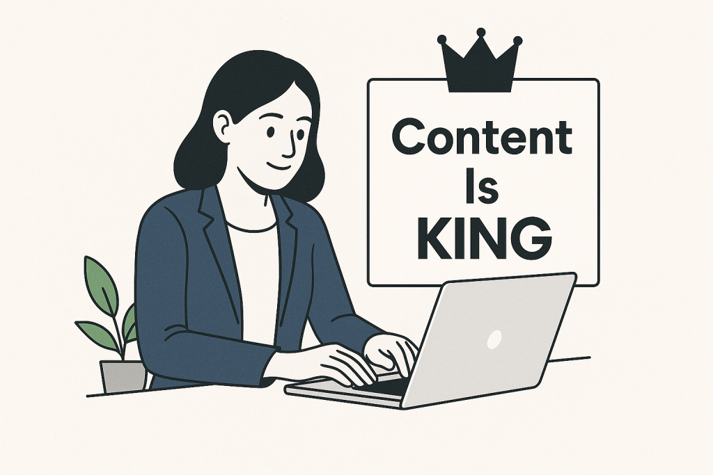 تصویر یک فرد در حال کار با لپ‌تاپ و تولید محتوا، با تابلویی در پس‌زمینه که عبارت Content is King را نمایش می‌دهد.