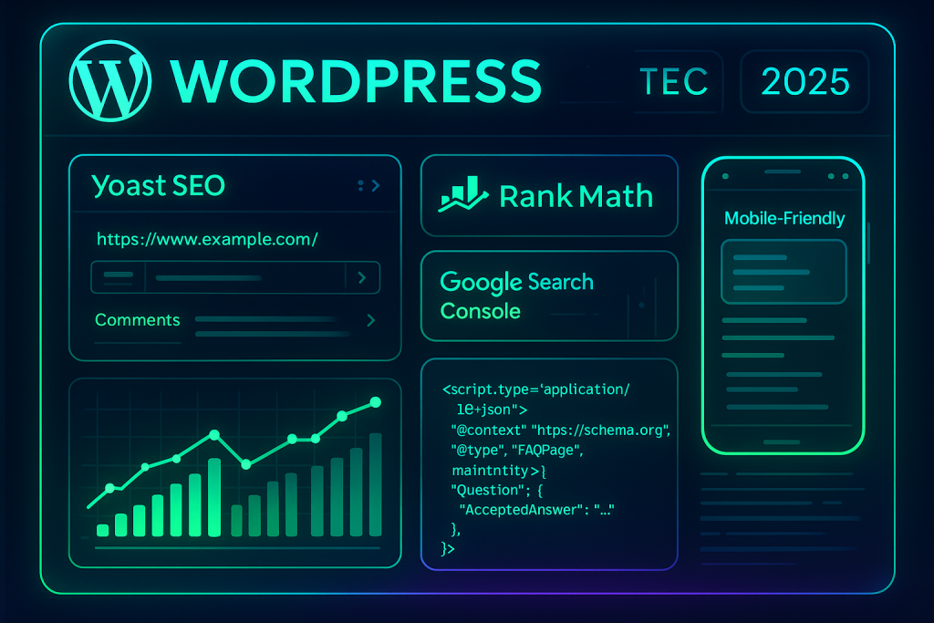 تصویر نمایشی از سئو تکنیکال وردپرس در سال 1404 با ابزارهایی مثل Yoast SEO، Rank Math و Google Search Console