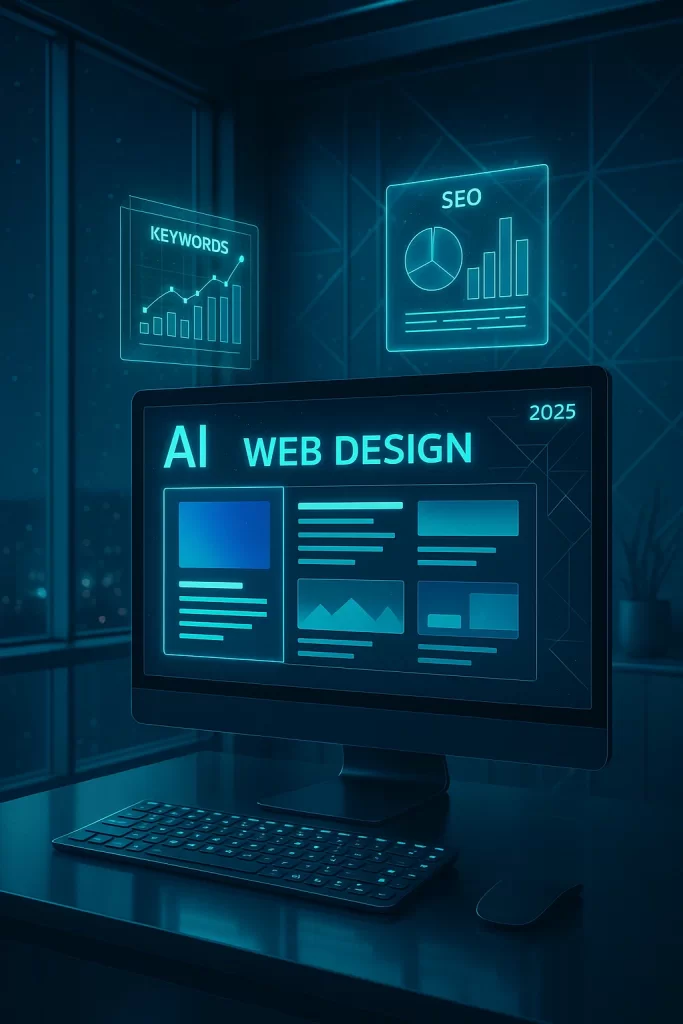 Futuristic AI-powered web design interface in 2025 with dynamic content and holographic SEO analytics