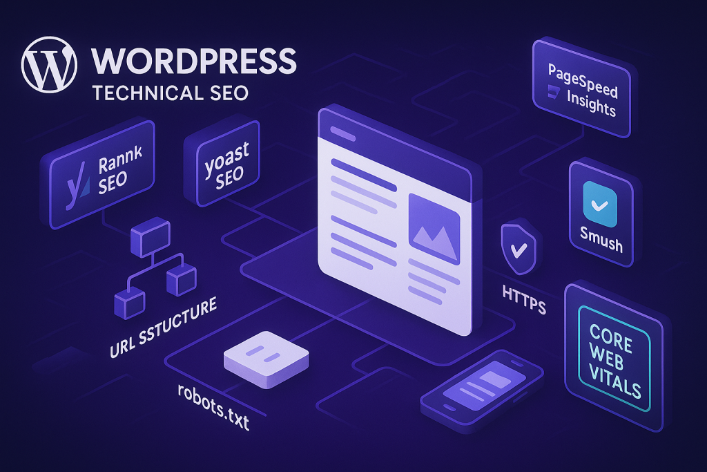 تصویر نمایشی از سئو تکنیکال وردپرس در سال 1404 با ابزارهایی مثل Yoast SEO، Rank Math، PageSpeed Insights و Core Web Vitals